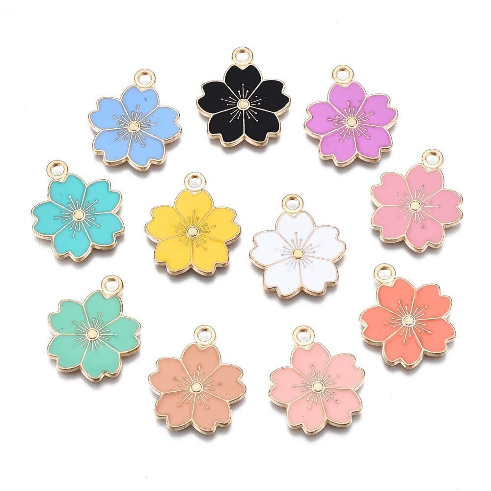 5029 100pcs Random Color Enamel Flower Charms Pendant Cherry Blossoms